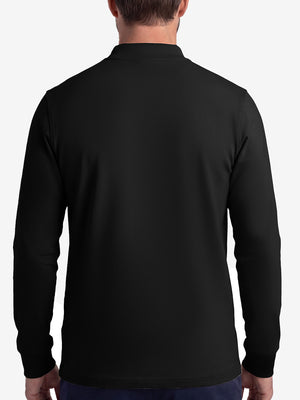 Back upper body shot of model wearing black warm brushed mock neck golf t shirt