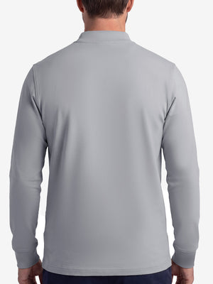 Back upper body shot of model wearing grey warm brushed mock neck golf t shirt