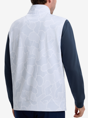 Back upper body shot of model wearing grey irregular shape  full print quarter zip sleeveless vest pullover