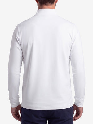 Back upper body shot of model wearing white warm brushed mock neck golf t shirt