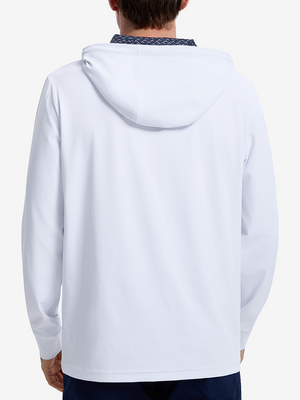 Back view of model showcasing white soft stretchy hoodie with inner print hood