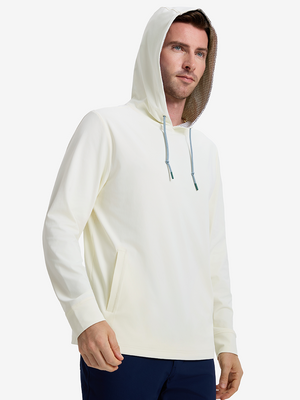 Front upper body angled shot of model wearing cream soft stretchy hoodie with inner print hood