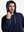 Front upper body shot of model wearing navy soft stretchy hoodie with inner print hood and pulling the hood with one hand
