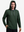 Front upper body shot of model wearing forest green soft stretchy hoodie with inner print hood with one hand in pants pocket