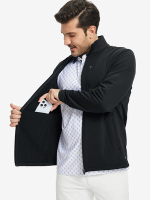 Close-up of hand in pocket on lightweight casual fleece jacket with 5 pockets, black fabric detail
