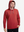 Front view of model showcasing red soft stretchy hoodie with inner print hood