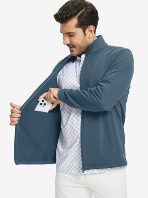 Close-up of hand in pocket on lightweight casual fleece jacket with 5 pockets, bluish grey fabric detail