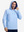 Front upper body shot of model wearing light blue soft stretchy hoodie with inner print hood and pulling the hood with one hand