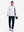 Front full body shot of model wearing white soft stretchy hoodie with inner print hood while carrying a golf bag on back