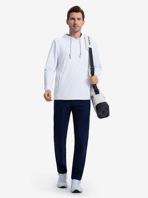 Front full body shot of model wearing white soft stretchy hoodie with inner print hood while carrying a golf bag on back