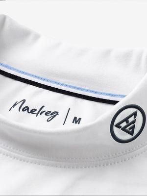 Collar detail close-up in white warm brushed mock neck golf t shirt