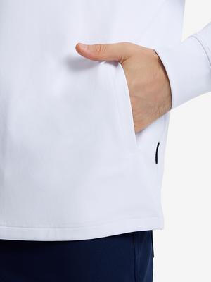 Close-up view of white soft stretchy hoodie with inner print hood outer pocket detail