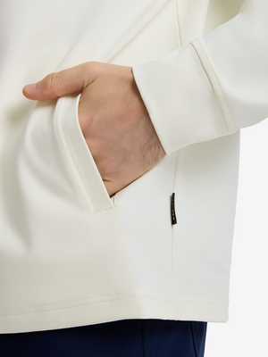 Close-up view of black cream stretchy hoodie with inner print hood outer pocket detail