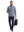 Front full body shot of model wearing grey warm brushed mock neck golf t shirt, carrying a bag in one hand and holding a coffee cup in the other hand