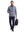 Front full body shot of model wearing navy warm brushed mock neck golf t shirt, carrying a bag in one hand and holding a coffee cup in the other hand