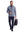 Front full body shot of model wearing black warm brushed mock neck golf t shirt, carrying a bag in one hand and holding a coffee cup in the other hand
