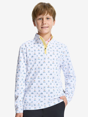 Front upper body shot of model wearing white golf youth print midlayer Q-zip pullover sweatshirt