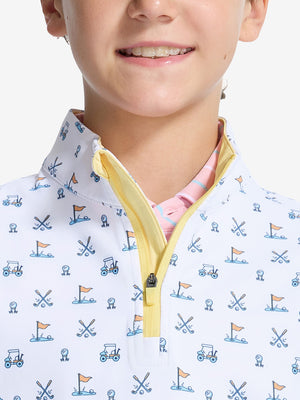 Front view from nose to chest of model wearing white golf youth print midlayer Q-zip pullover sweatshirt