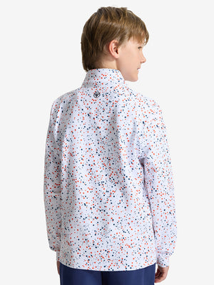 Back upper body shot of model wearing white polka dots youth print midlayer Q-zip pullover sweatshirt