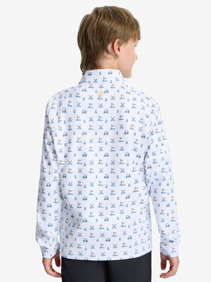Back upper body shot of model wearing white golf youth print midlayer Q-zip pullover sweatshirt