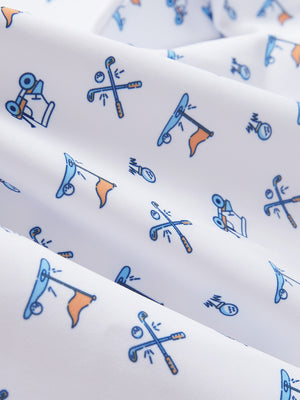 Close-up texture of  white golf youth print midlayer Q-zip pullover sweatshirt fabric showing detailed premium material and weave.