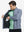 Model front half body lifting jacket, hand in inner pocket, textured insulated winter jacket, blue heather.